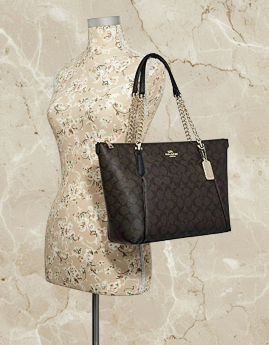 COACH AVA LARGE ZIP TOP TOTE IN SIGNATURE BLACK BROWN