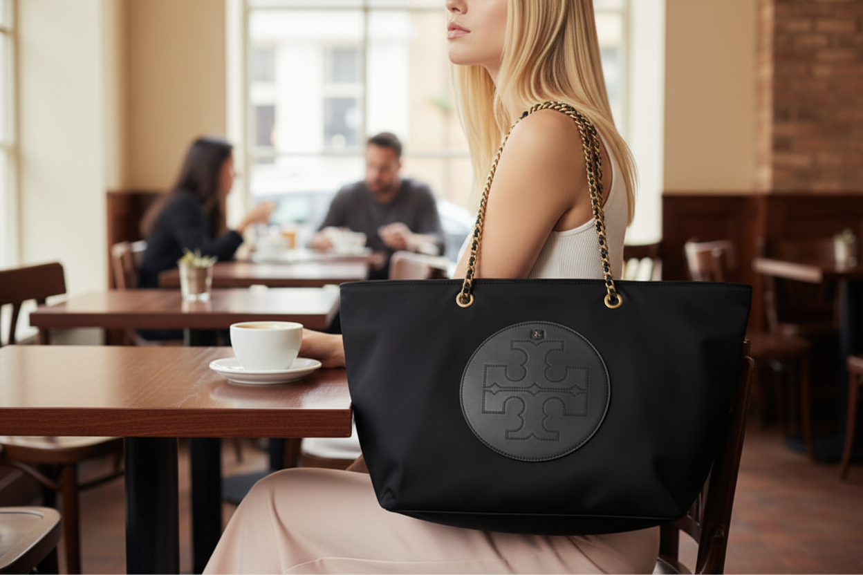 حقيبة تسوق توري بورش إيلا بوبي ذات سلسلة إغلاق مغناطيسية - أسود