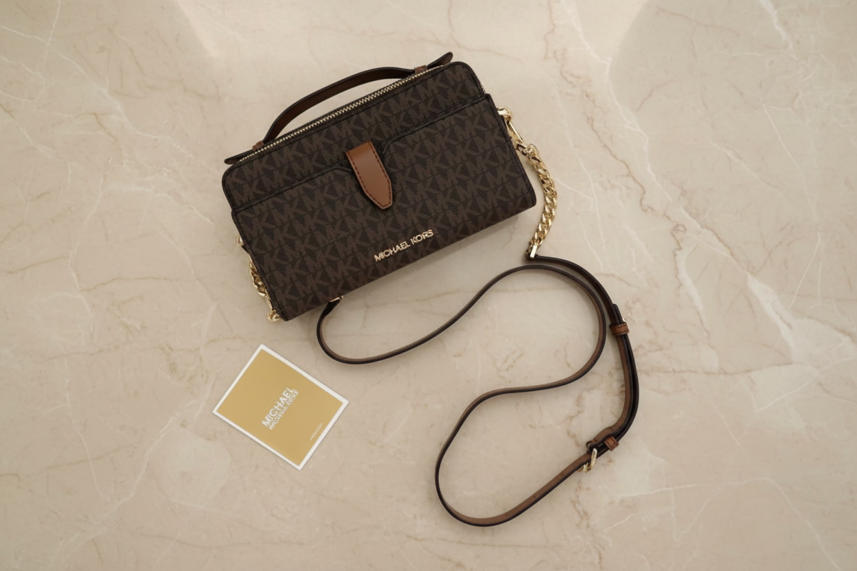 MICHAEL KORS JET SET ITEM DOUBLE ZIP SMARTPHONE CROSSBODY - SIGNATURE BROWN