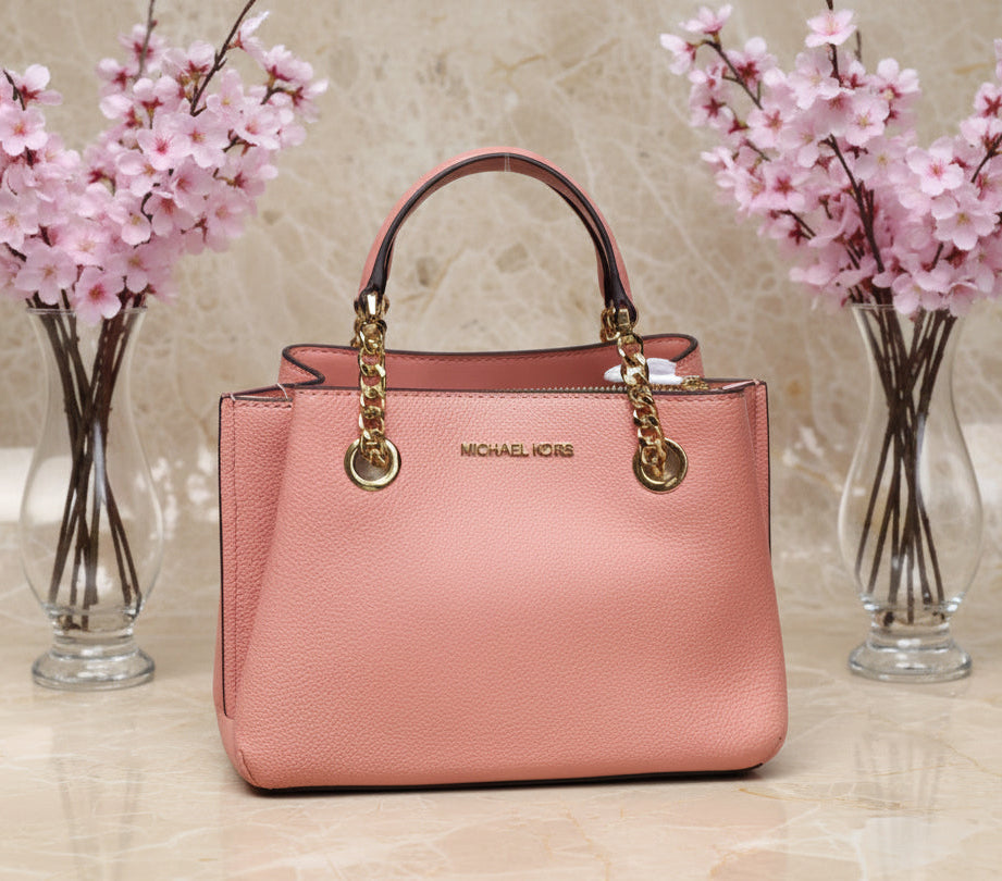 MICHAEL KORS SMALL TEAGEN LEATHER SATCHEL - PEACH