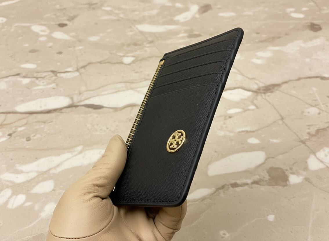 TORY BURCH ROBINSON SLIM LEATHER ZIP-TOP CARD CASE