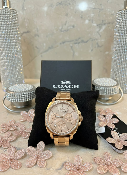 ساعة كوتش ذات وجه كبير - مطلية بالذهب الوردي والفولاذ المقاوم للصدأ