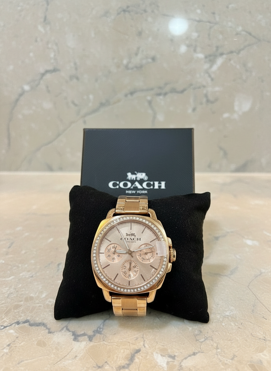 ساعة كوتش ذات وجه كبير - مطلية بالذهب الوردي والفولاذ المقاوم للصدأ