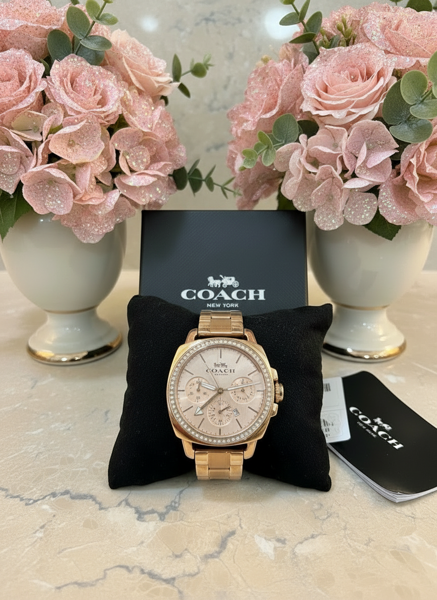 ساعة كوتش ذات وجه كبير - مطلية بالذهب الوردي والفولاذ المقاوم للصدأ