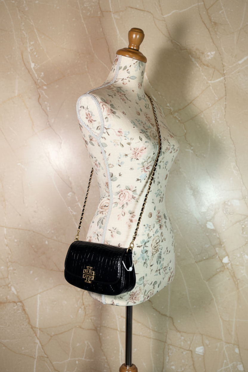 TORY BURCH EMBOSSED CROC BRITTEN CONVERTIBLE SHOULDER BAG/XBODY BAG - BLACK