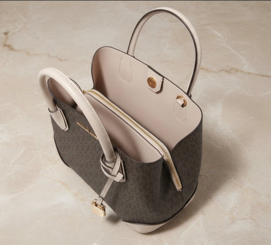 MICHAEL KORS MERCER GALLERY MEDIUM LOGO SATCHEL BAG - BROWN/SOFT PINK