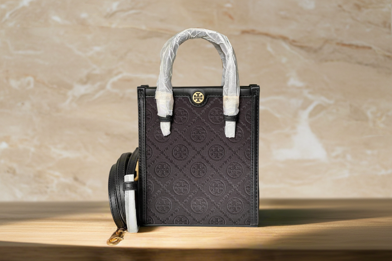 TORY BURCH MINI JACQUARD T MONOGRAM TOTE BLACK