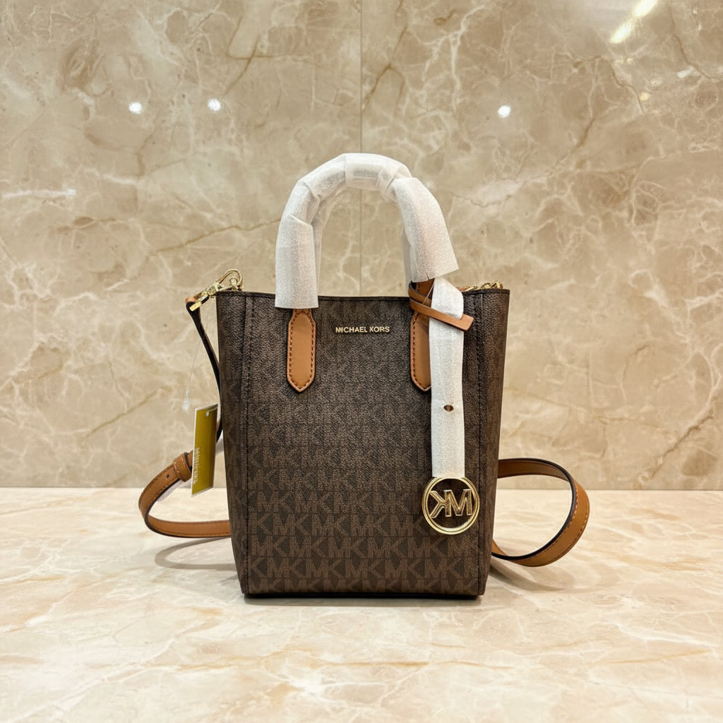 MICHAEL KORS SINCLAIR XS SIGNATURE LOGO CROSSBODY BAG - BROWN/ACORN ( RETAIL ITEM ) NO DUSTBAG/NO PAPERBAG