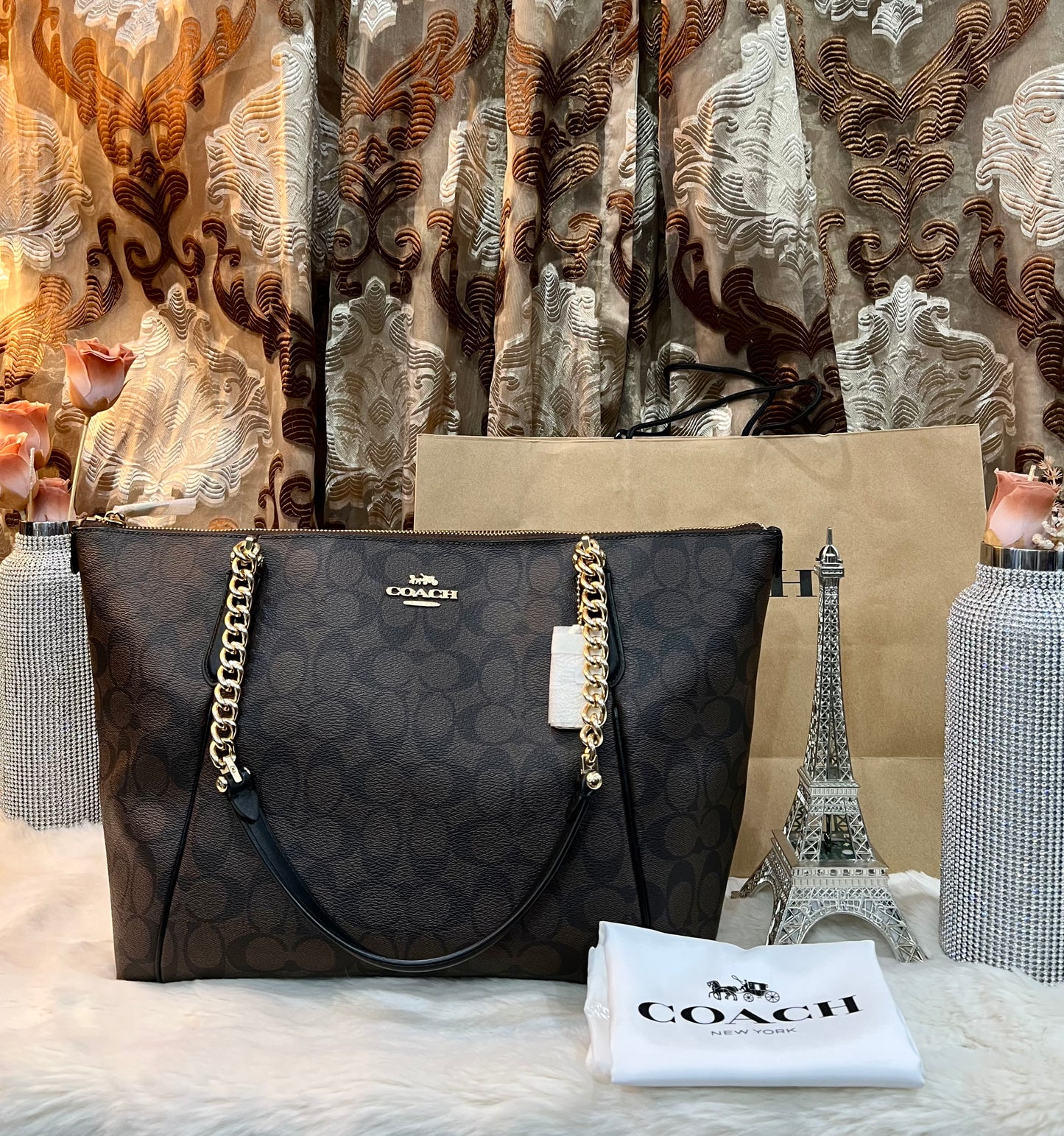 COACH AVA LARGE ZIP TOP TOTE IN SIGNATURE BLACK BROWN