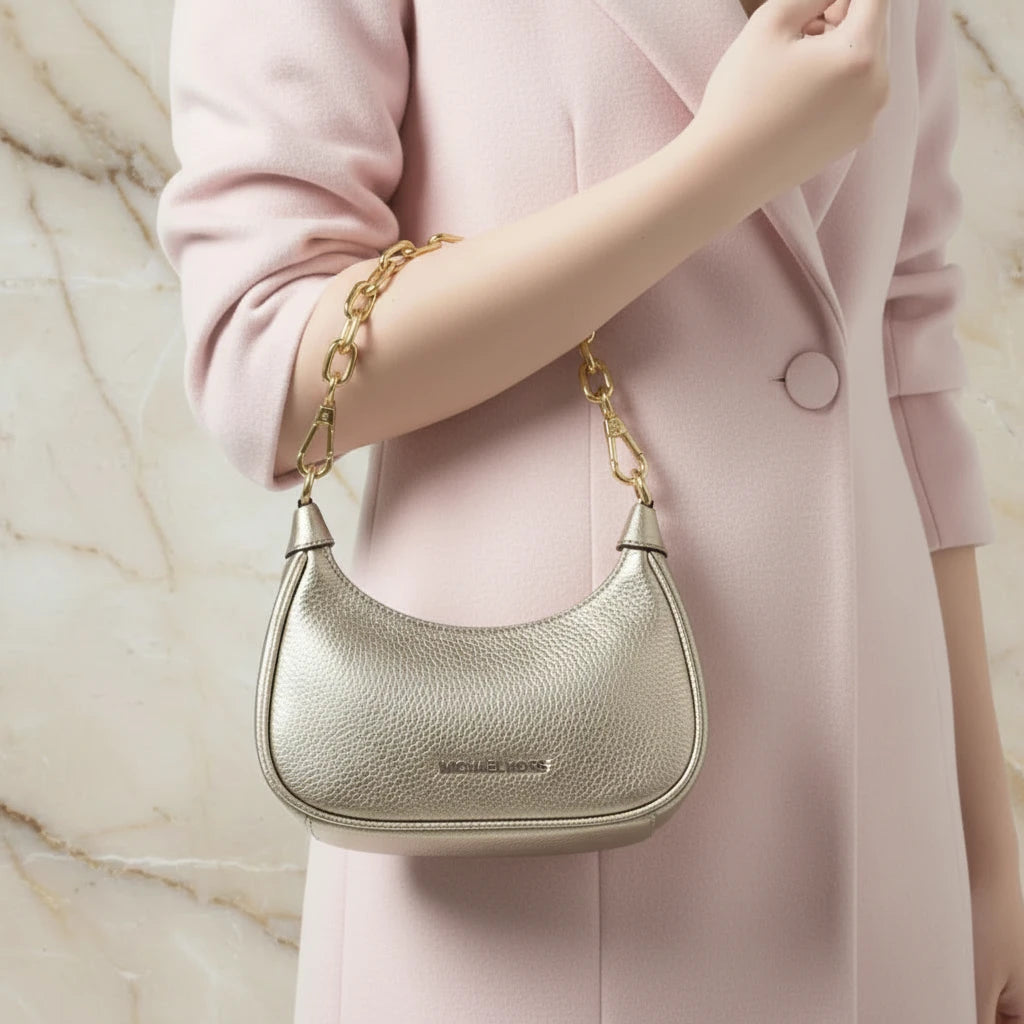 MICHAEL KORS MINI CORA CHAIN SHOULDER BAG/CROSBODY BAG - METTALIC PEBBLE GOLD