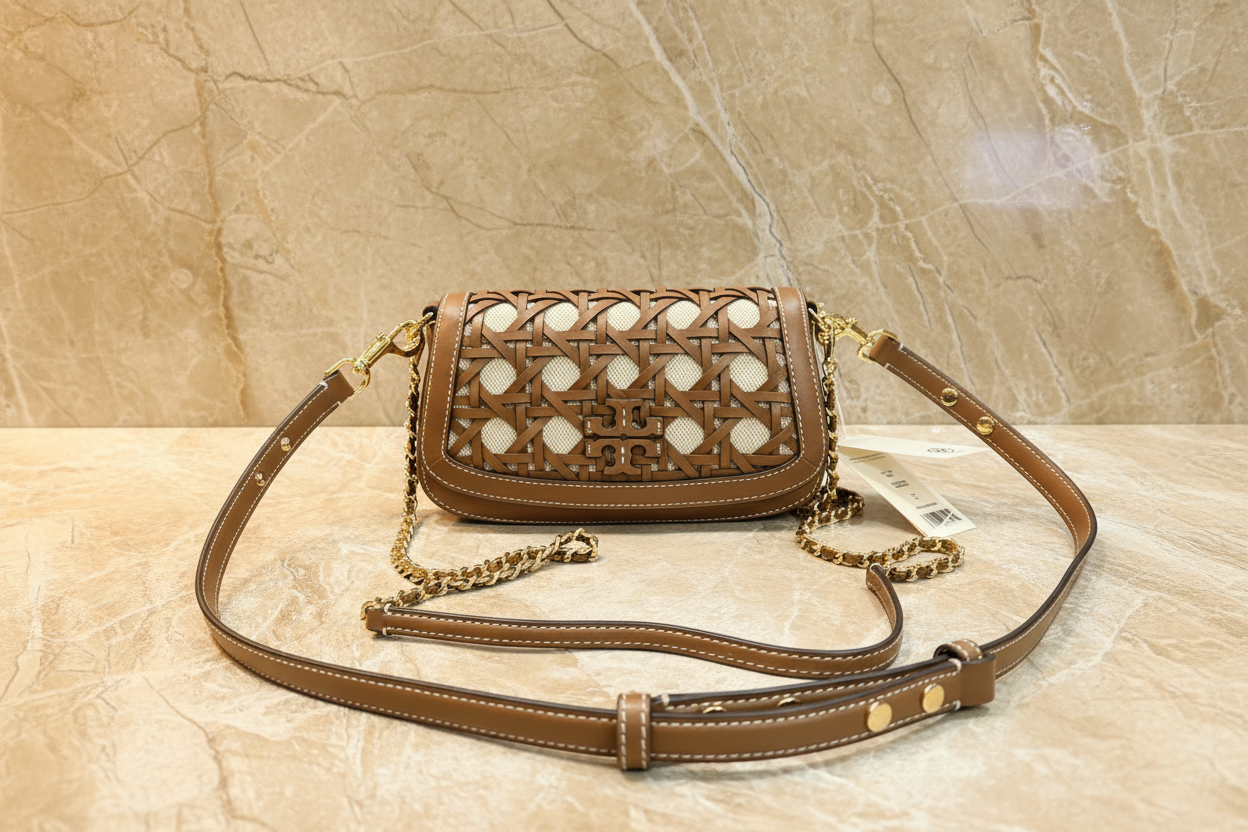 TORY BURCH BRITTEN  BASKET WEAVE CONVERTIBLE CRISSBODY/SHOULDER BAG - MOOSE COLOR