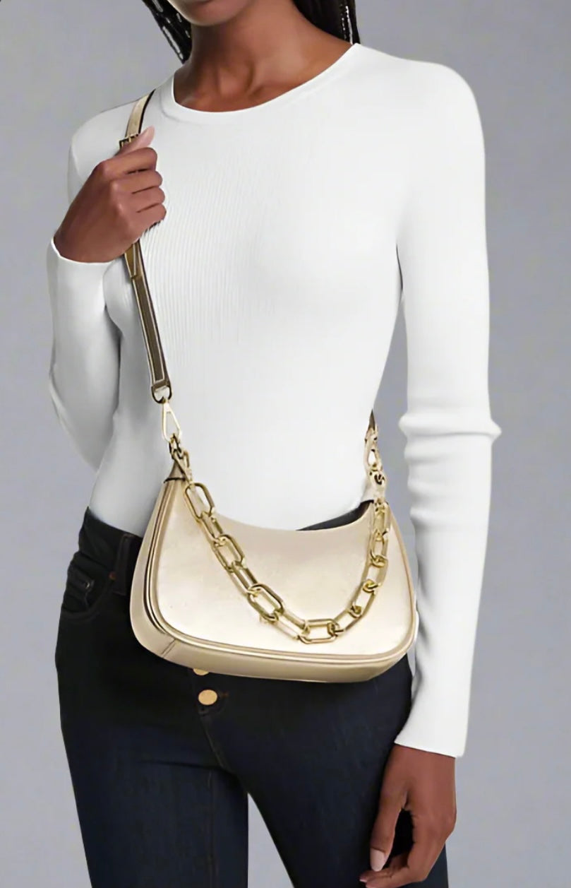 MICHAEL KORS MINI CORA CHAIN SHOULDER BAG/CROSBODY BAG - METTALIC PEBBLE GOLD