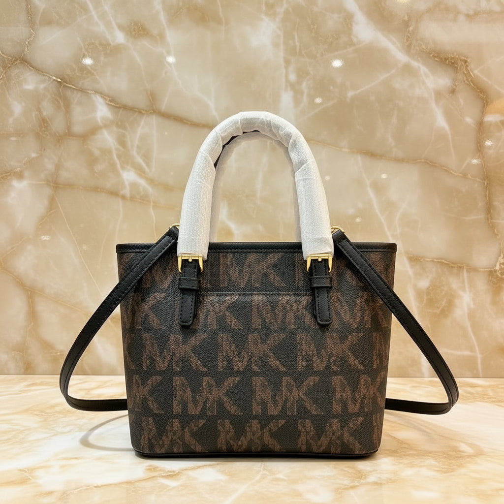 MICHAEL KORS JET SET TRAVEL ZIP TOTE XS LOGO BLACK BROWN COLOR