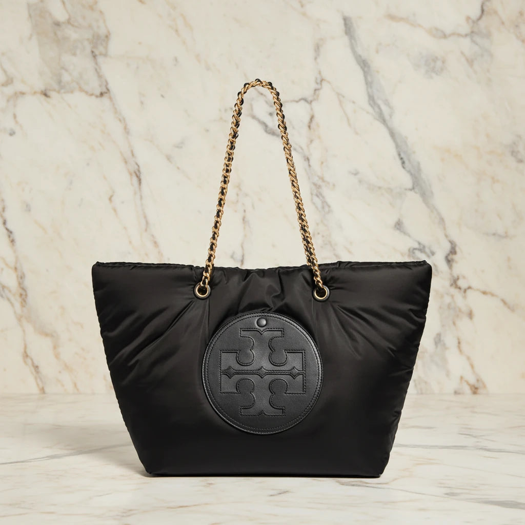 TORY BURCH ELLA PUPPY MAGNETIC CLOSURE CHAIN TOTE - BLACK