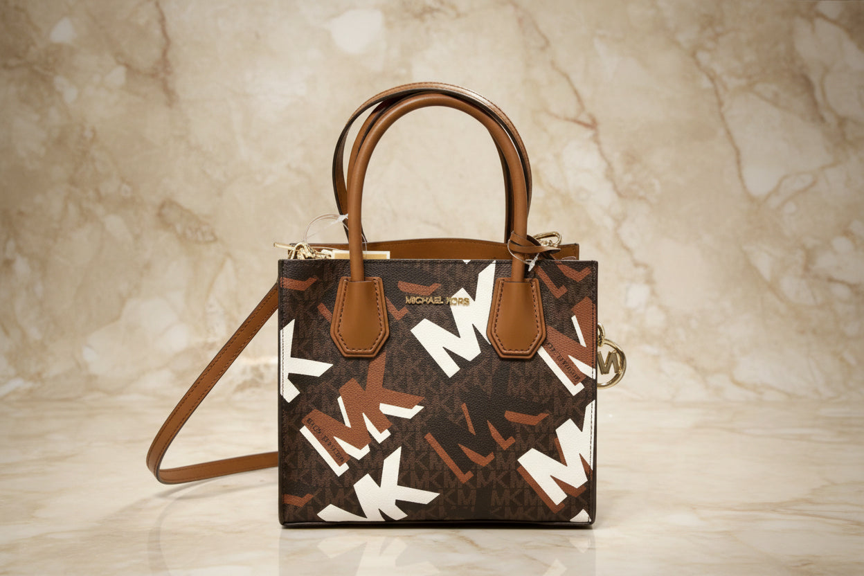 MICHAEL KORS MERCER MEDIUM MESSENGER BAG - LUGGAGE MULTI GRAPHIC LOGO