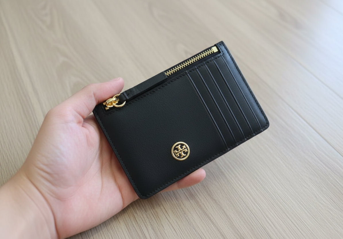 TORY BURCH ROBINSON SLIM LEATHER ZIP-TOP CARD CASE