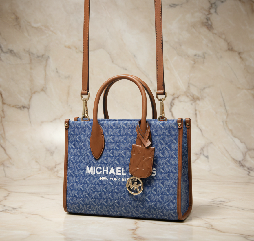 MICHAEL KORS MIRELLA SMALL SHOPPER TOP ZIP CROSSBODY BAG - DENIM MULTI LOGO