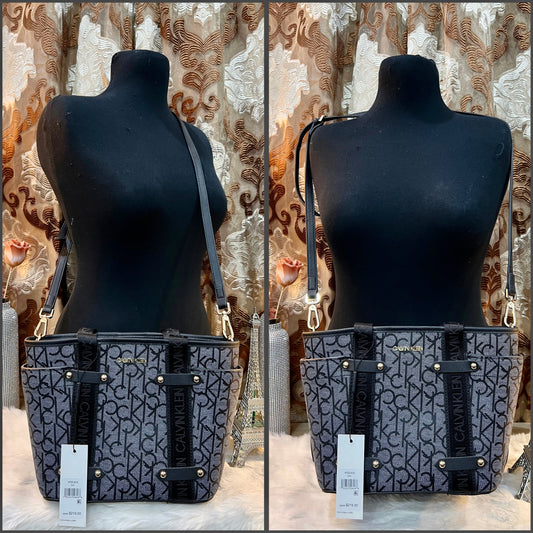 CALVIN KLEIN SATCHEL IN SIGNATURE CHARCOAL BLACK