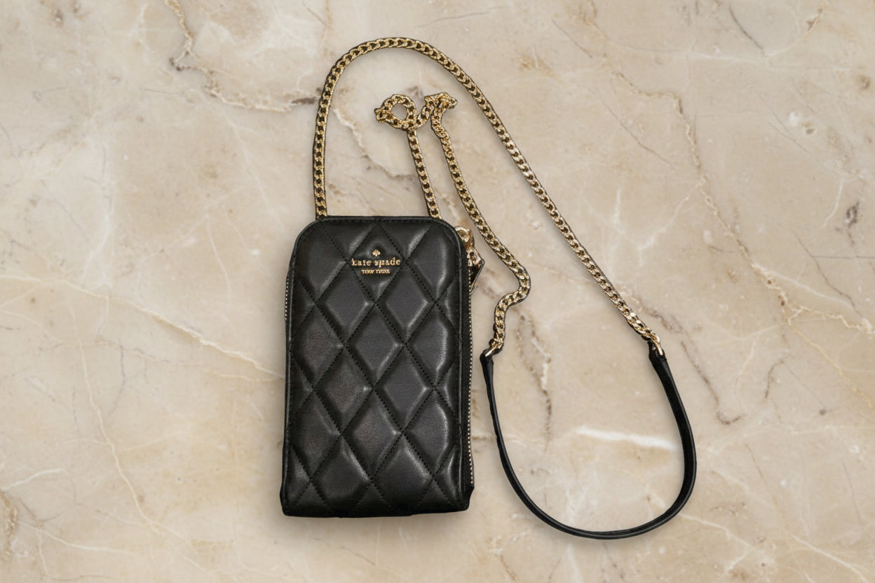 KATE SPADE CAREY NORTH SOUTH ZIP QUILTED PHONE CROSSBODY LEATHER - BLACK