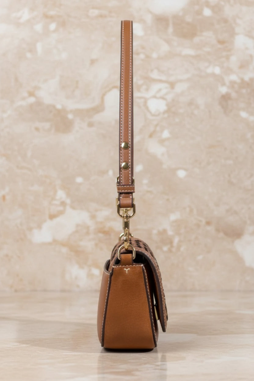 TORY BURCH BRITTEN  BASKET WEAVE CONVERTIBLE CRISSBODY/SHOULDER BAG - MOOSE COLOR