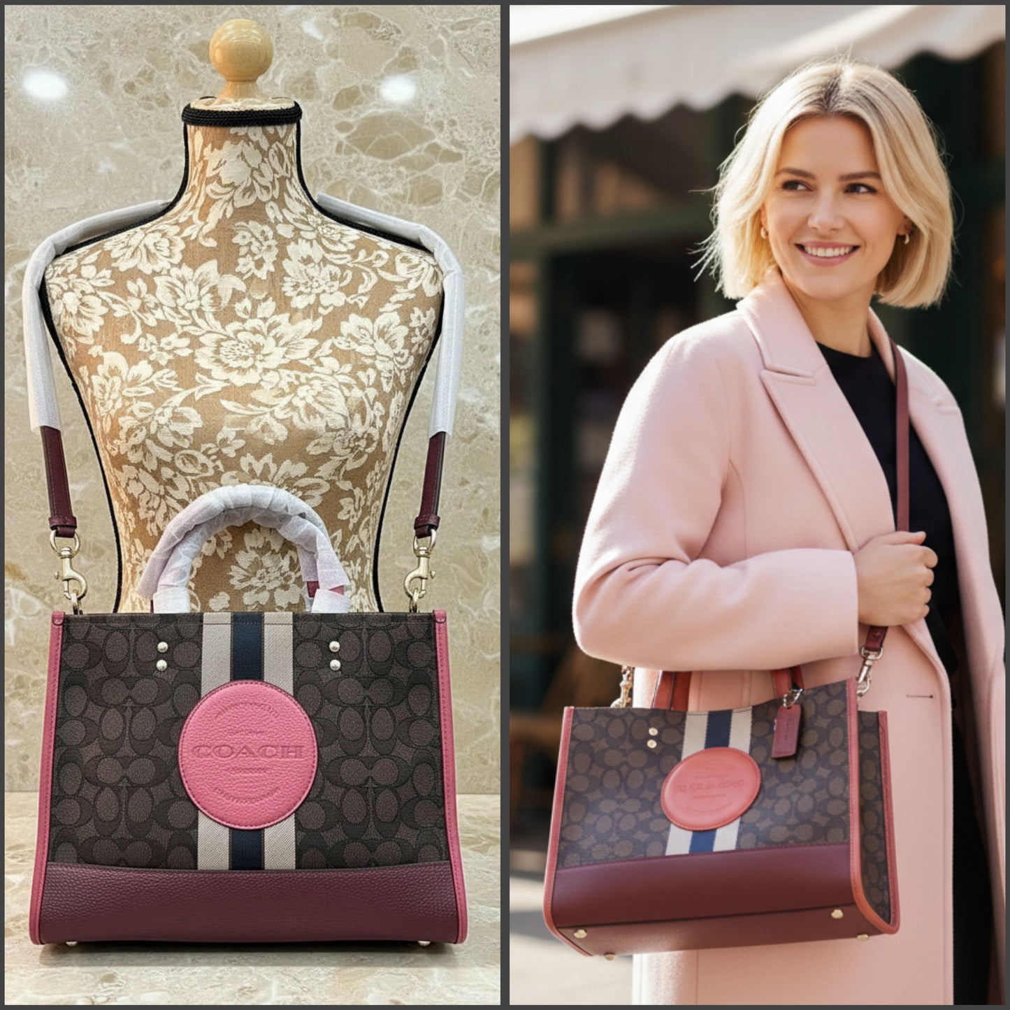 COACH DEMPSEY TOTE CARRYALL MEDIUM IN SIGNATURE JACQUARD CANVAS CENTER STRIPE STRAWBERRY HAZE