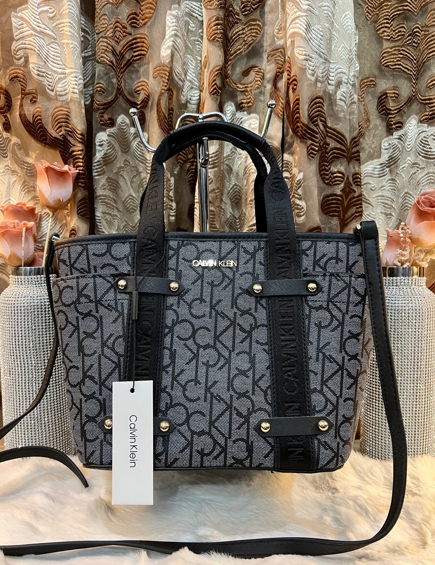 CALVIN KLEIN SATCHEL IN SIGNATURE CHARCOAL BLACK