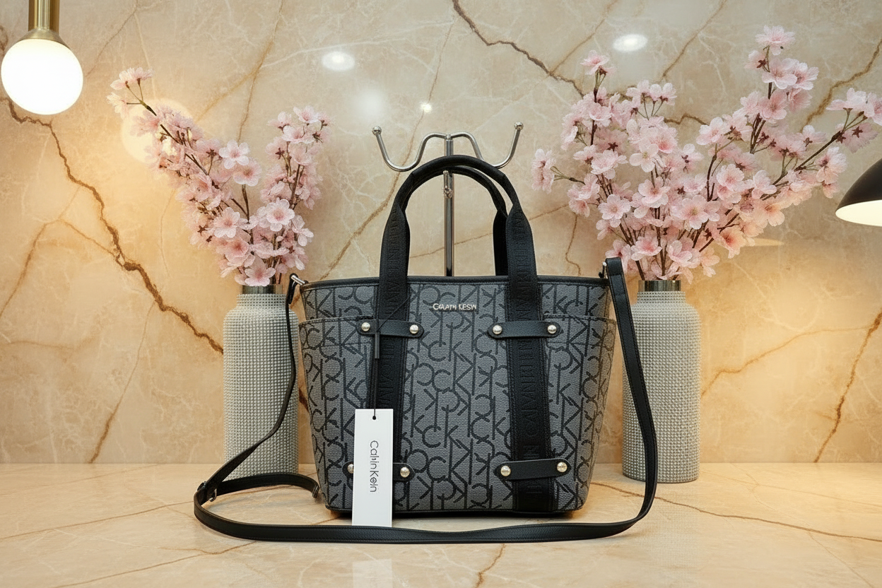 CALVIN KLEIN SATCHEL IN SIGNATURE CHARCOAL BLACK
