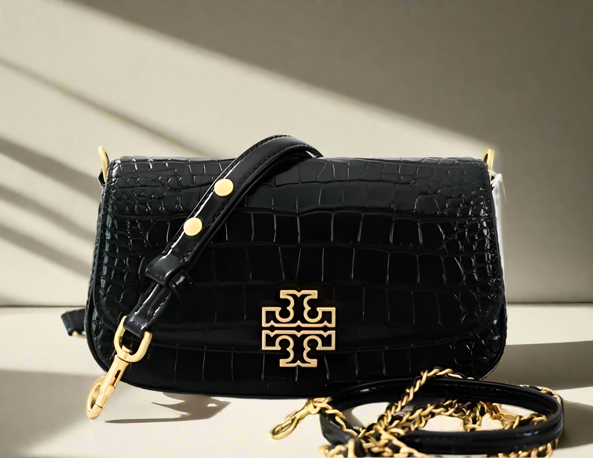 SALE! MISSING 1 BUTTON ON SHOULDER STRAP - TORY BURCH EMBOSSED CROC BRITTEN CONVERTIBLE SHOULDER BAG/XBODY BAG - BLACK