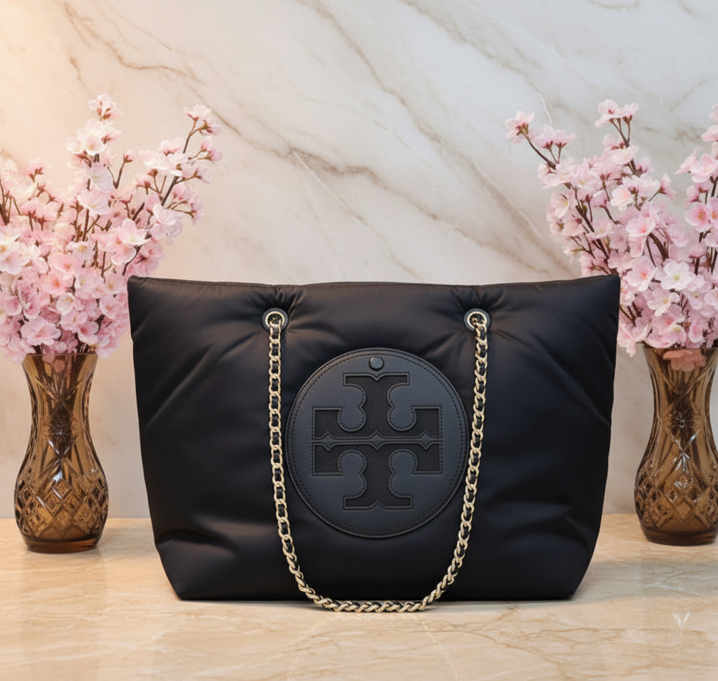 TORY BURCH ELLA PUPPY MAGNETIC CLOSURE CHAIN TOTE - BLACK