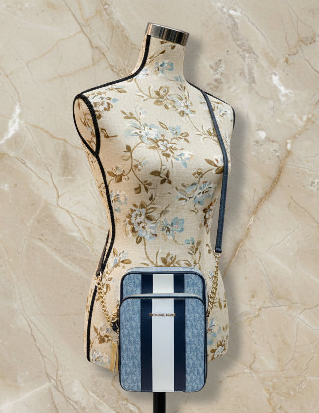 MICHAEL KORS - BELOW SRP WITH FLAWS IN FRONT - SLIGHT MARK LIKE PEN - JET SET TRAVEL LOGO STRIPE CROSSBODY BAG
