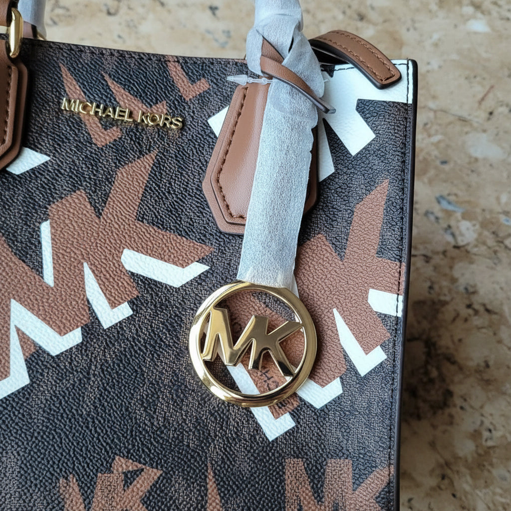 MICHAEL KORS MERCER MEDIUM MESSENGER BAG - LUGGAGE MULTI GRAPHIC LOGO