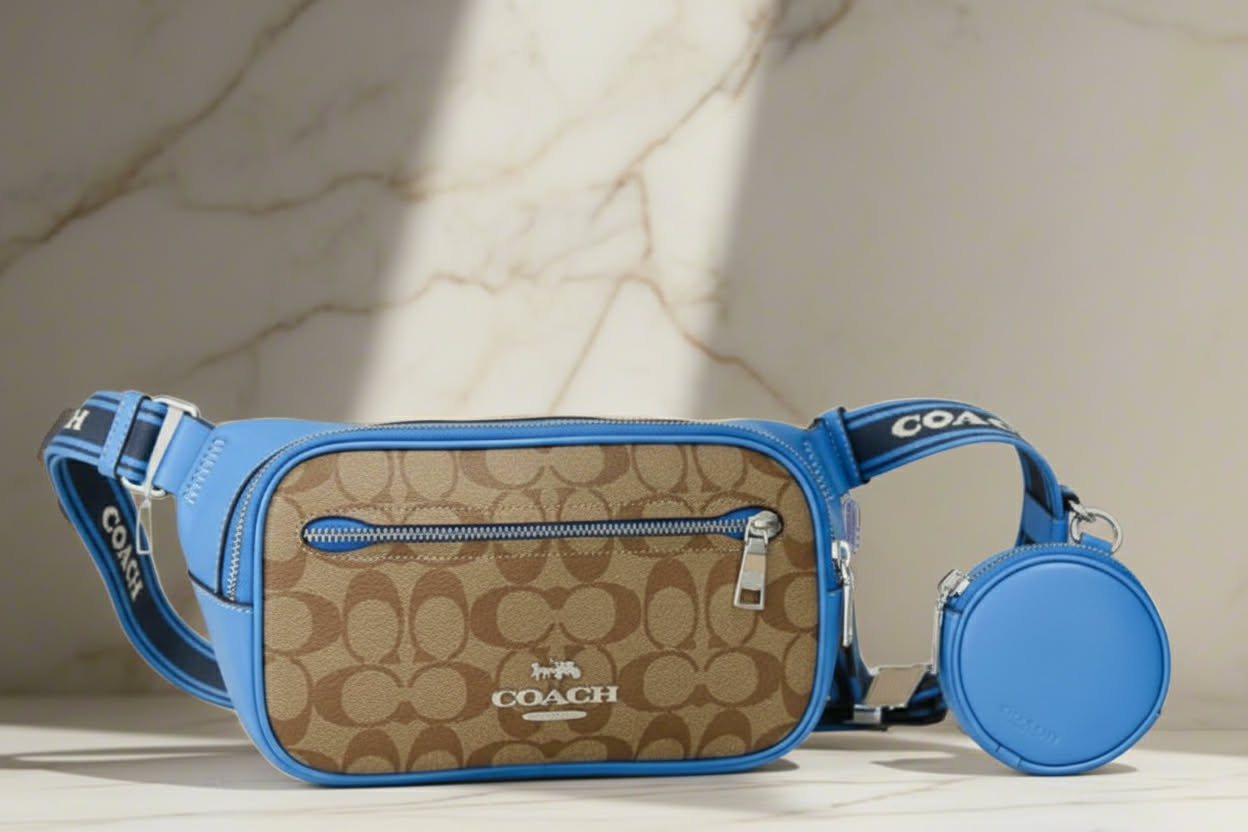 COACH ELIAS BELTBAG/ CHEST BAG/BODY BAG IN COLORBLOCK SIGNATURE CANVAS - KHAKI/RACER BLUE