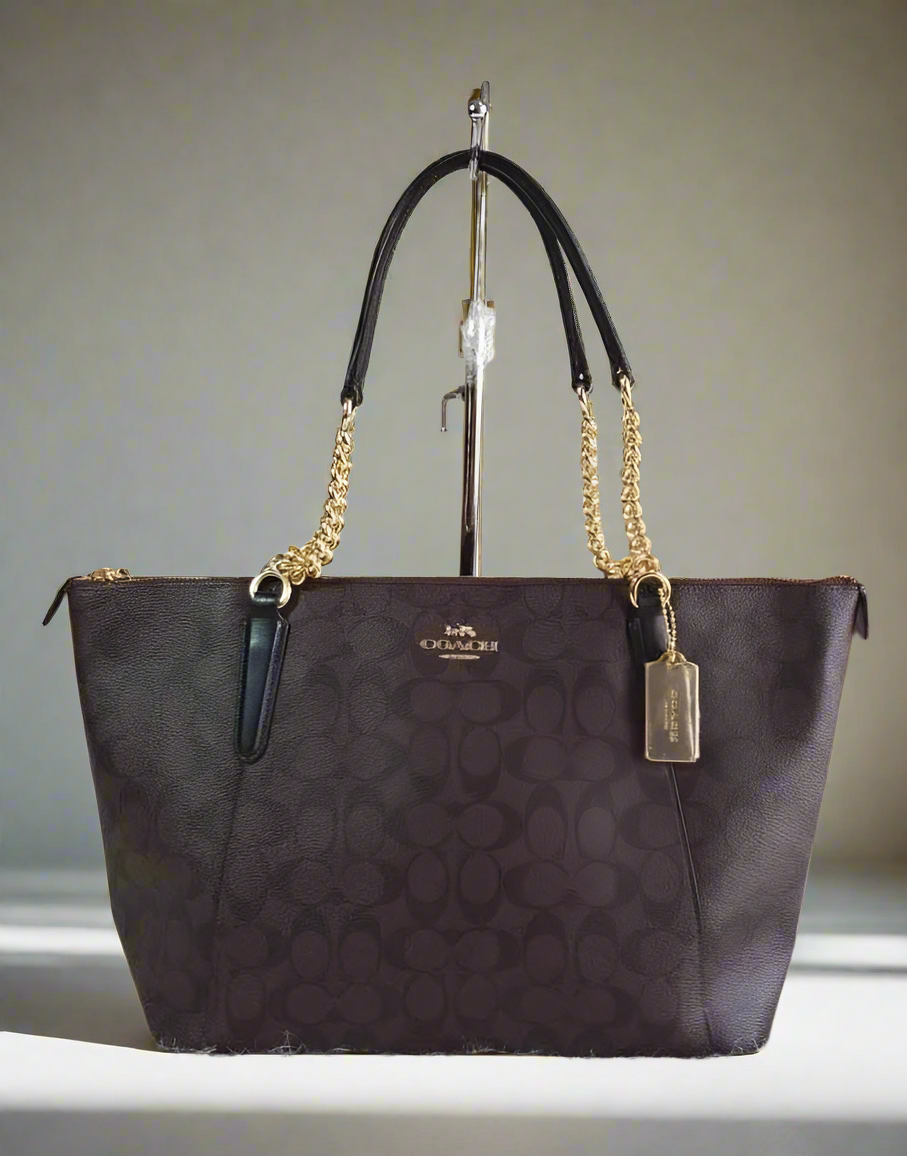 COACH AVA LARGE ZIP TOP TOTE IN SIGNATURE BLACK BROWN