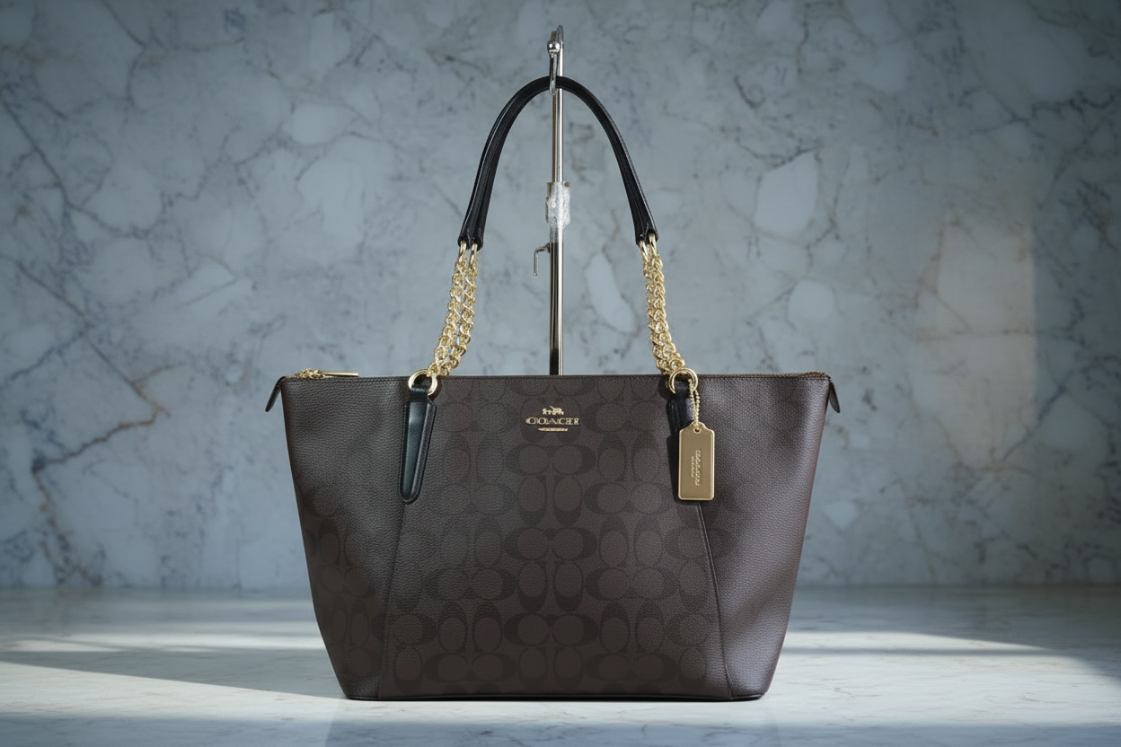 COACH AVA LARGE ZIP TOP TOTE IN SIGNATURE BLACK BROWN