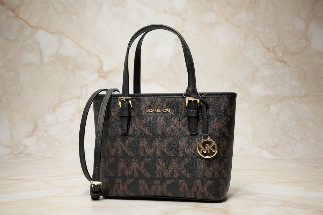 MICHAEL KORS JET SET TRAVEL ZIP TOTE XS LOGO BLACK BROWN COLOR