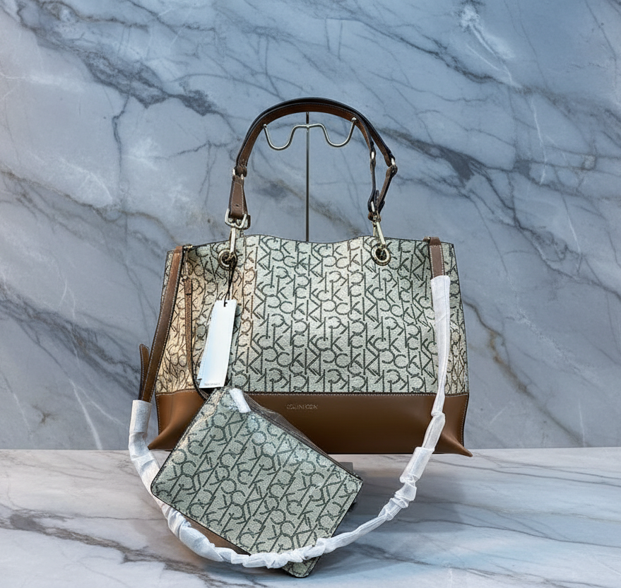 CALVIN KLEIN TOTE IN SIGNATURE LOGO BEIGE/BROWN- XL OPEN WITH LARGE ZIP POUCH & LONG STRAP