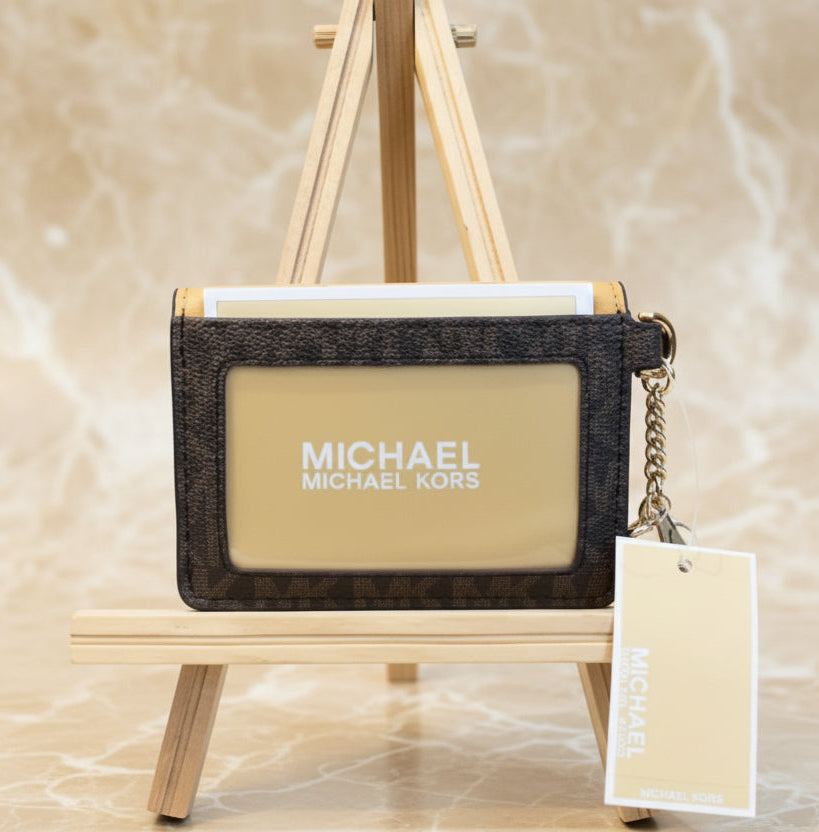 MICHAEL KORS CARD CASE FLAP - SIGNATURE BROWN/MUSTARD YELLOW