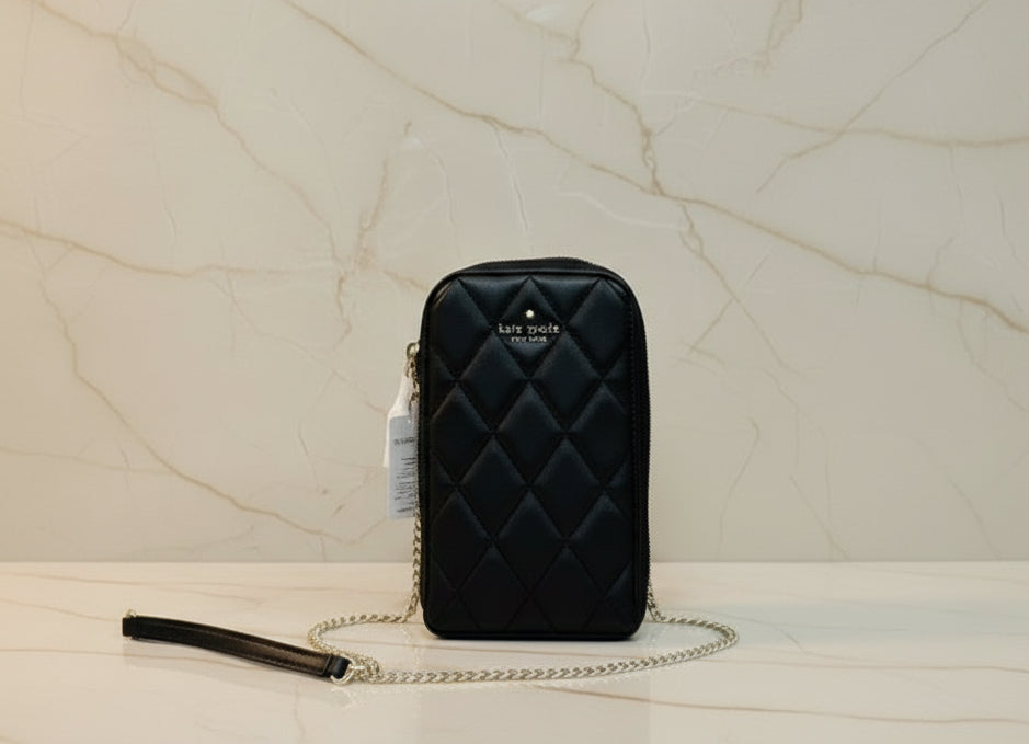KATE SPADE CAREY NORTH SOUTH ZIP QUILTED PHONE CROSSBODY LEATHER - BLACK