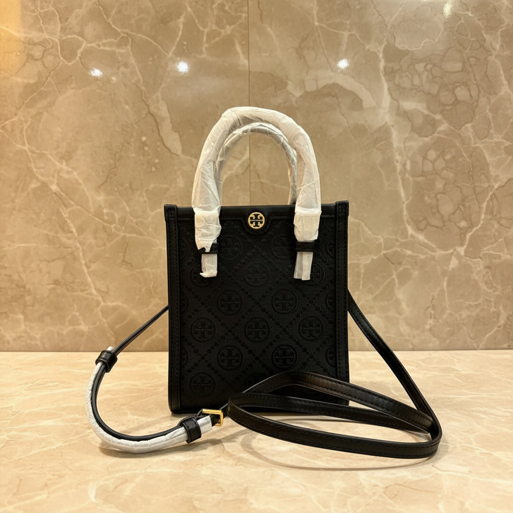 TORY BURCH MINI JACQUARD T MONOGRAM TOTE BLACK