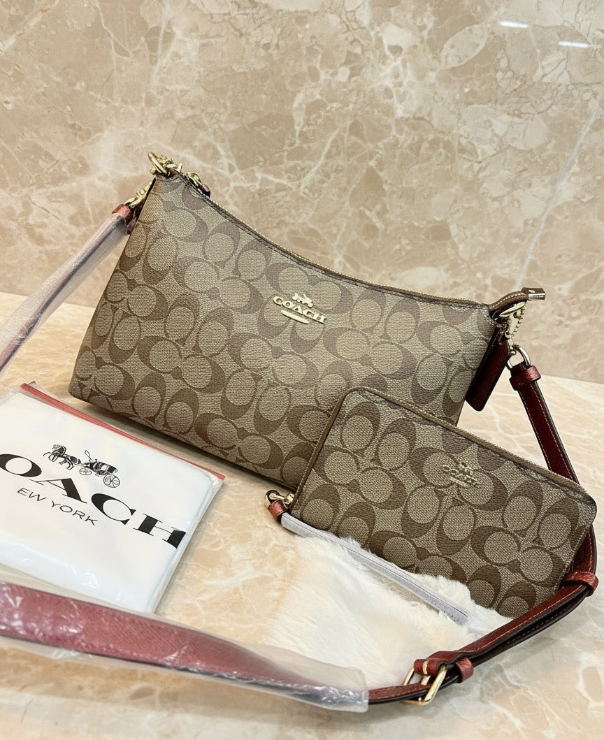 COACH BUNDLE LEWIS SHOULDER BAG/CROSSBODY BAG & ZIP AROUND WRISLET WALLET IN SIGNATURE CANVAS METTALIC CLAY LINING