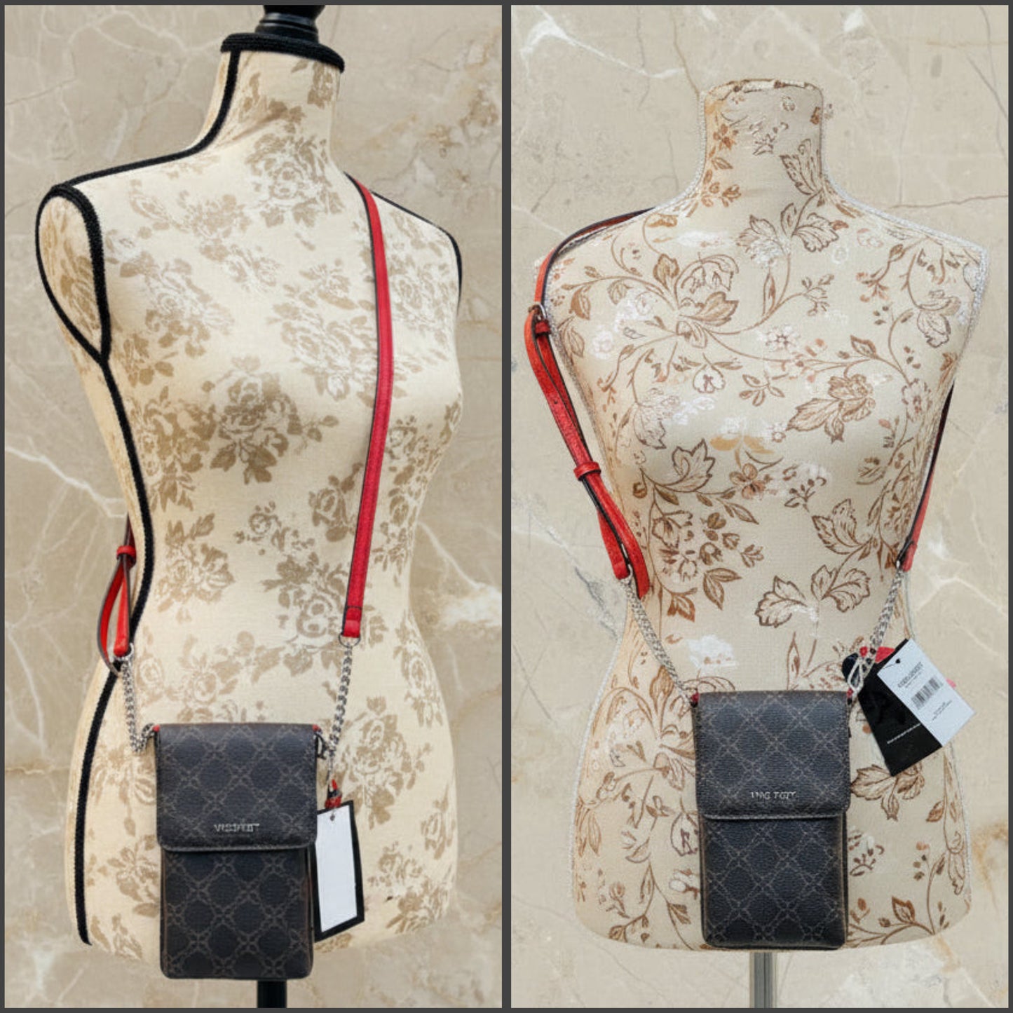 NINE WEST SPRINGY MINI PHONE CROSSBODY IN SIGNATURE BROWN/VYBER RED CANVAS