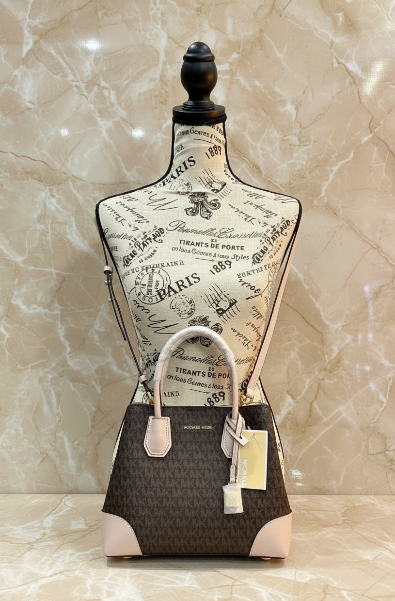 MICHAEL KORS MERCER GALLERY MEDIUM LOGO SATCHEL BAG - BROWN/SOFT PINK