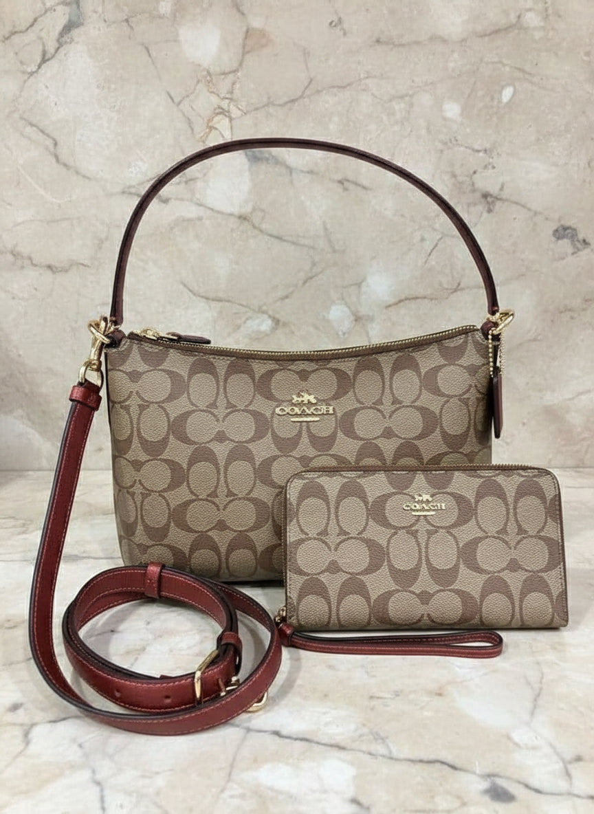 COACH BUNDLE LEWIS SHOULDER BAG/CROSSBODY BAG & ZIP AROUND WRISLET WALLET IN SIGNATURE CANVAS METTALIC CLAY LINING