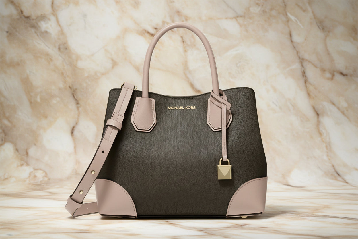 MICHAEL KORS MERCER GALLERY MEDIUM LOGO SATCHEL BAG - BROWN/SOFT PINK