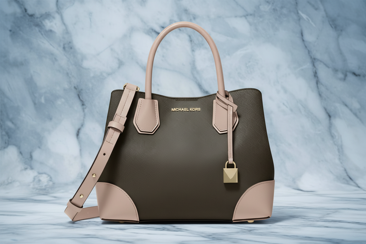 MICHAEL KORS MERCER GALLERY MEDIUM LOGO SATCHEL BAG - BROWN/SOFT PINK