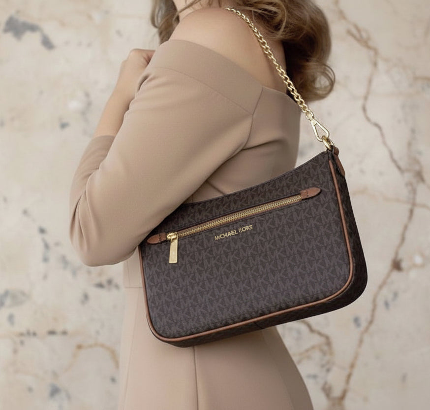 MICHAEL KORS JET SET LOGO CHAIN CROSSBODY SMALL IN SIGNATURE BROWN
