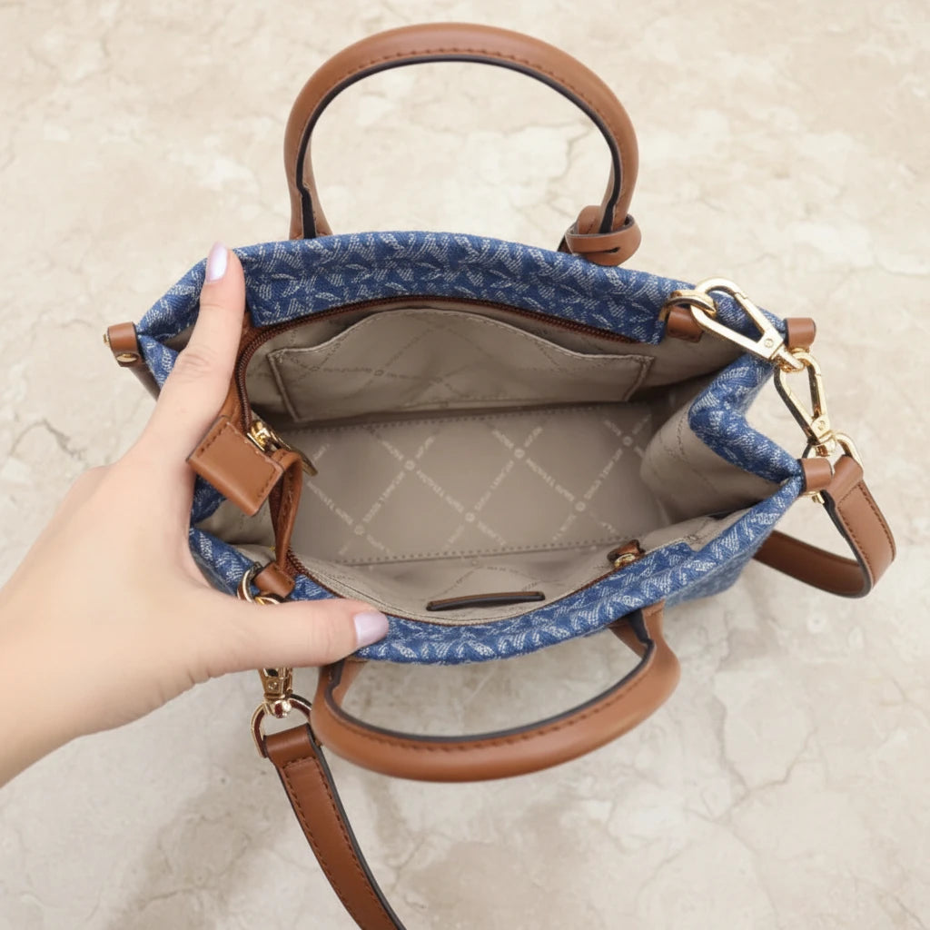 MICHAEL KORS MIRELLA SMALL SHOPPER TOP ZIP CROSSBODY BAG - DENIM MULTI LOGO