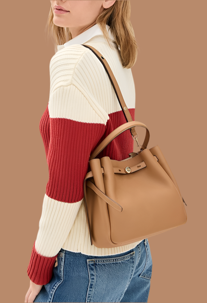 SALE!!! WITH CREASE IN FRONT DUE TO CARGO HANDLING - TORY BURCH SMALL ROMY BUCKET - BROWN