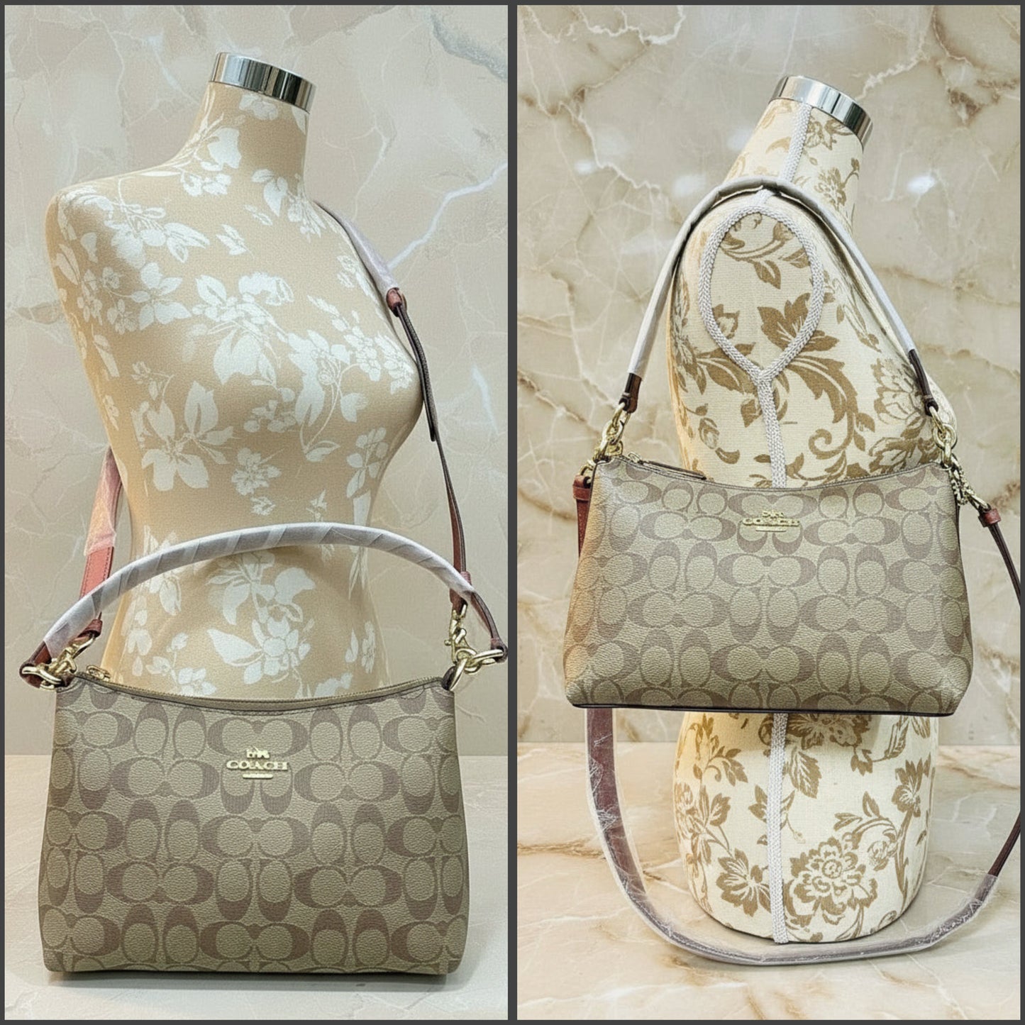 COACH BUNDLE LEWIS SHOULDER BAG/CROSSBODY BAG & ZIP AROUND WRISLET WALLET IN SIGNATURE CANVAS METTALIC CLAY LINING