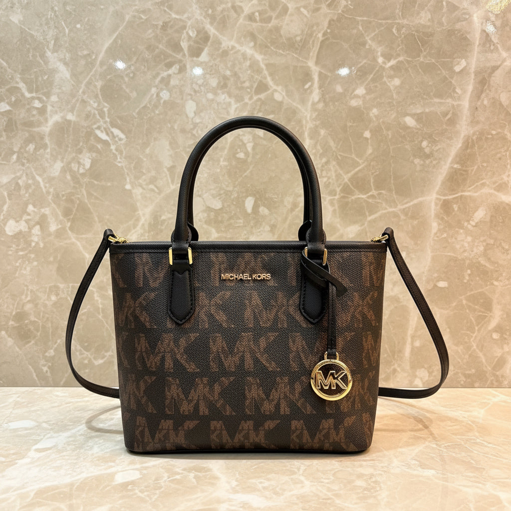 MICHAEL KORS JET SET TRAVEL ZIP TOTE XS LOGO BLACK BROWN COLOR
